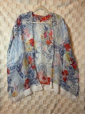 Chicos Light Blue Floral Kimono Cardigan with Fringe